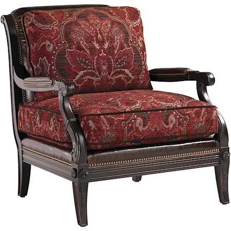 Sanderson Embossed Croc/Tapestry Upholstered Chair with Expoesd Wood & Carving Details